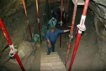Egyptologist Dr Zahi Hawass inside Seti I's tunnel. After more than 40 years, archaeologists have finally reached the end of the tunnel discovered in the tomb of Seti I.
