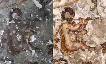 Detail of a winged child playing the flute, before and after cleaning.