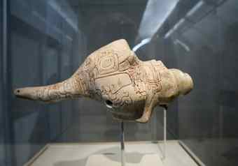 his conch trumpet with an image of a floating ancestor, A.D. 300-500, possibly from northeastern Peten, Guatemala, is from the Kimbell's permanent collection.