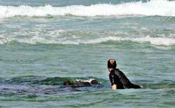 A surfer gets up close to the recently uncovered shipwreck (dark area) about 50 metres of Lighthouse Beach at Ballina. 