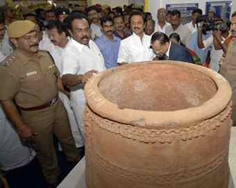 Deputy Chief Minister M.K. Stalin looking at an exhibit on the Palace ground in Big Temple in Thanjavur on Friday. Photo: M. Srinath 