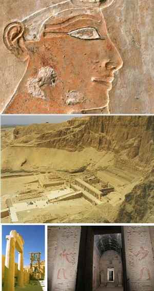 General views of the mortuary temple of Hatshepsut temple; fixing the head of one of Hatshepsut's Osirid statues in the upper Coronation Portico; and restoration of columns leading to the mortuary complex (photos courtesy of the Polish Centre of Archaeology, Cairo ) 