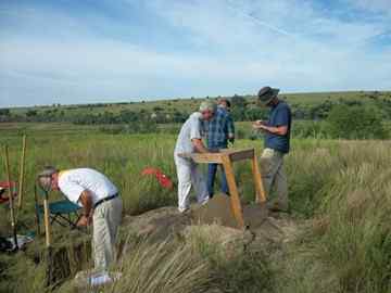 Archaeological field crew members conduct systematic, small-scaled excavations near Spring Creek in Frontier County. From left: Bruce Jones and the crew members are Bill Altizer, Steve Reynolds, and Les Hossick (University of Nebraska State Museum)
