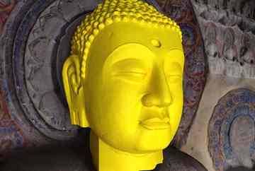 3-D digital reconstruction from east wall altar, South Cave, Northern Xiangtangshan, with missing fragments shown in yellow. Image by Jason Salavon and Travis Saul.