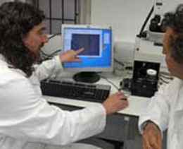 Dr Alistair Pike (left) and Professor Mark Horton during the isotope analysis in the laboratories at Bristol .