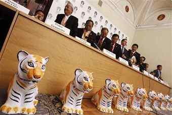 Ministers of Forestry and Natural Resources from tiger range countries leave a news conference at the International Tiger Forum at Mariinsky palace in St.Petersburg, Russia, 21 Nov 2010 
