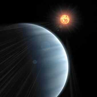 With telescopes on Earth, astronomers can detect starlight trickling through the atmosphere of distant planets such as GJ 1214 b, depicted here in an artist's conception. Image: Paul A. Kempton