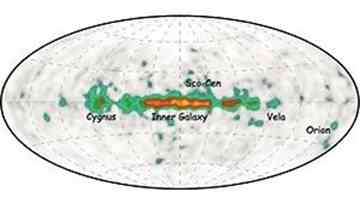This all-sky map shows the gamma-ray emission produced by the radioactive decay of 26Al, tracing regions with massive young stars throughout the Milky Way. This image was produced using data gathered by the COMPTEL instrument aboard NASA's Compton Gamma-Ray Observatory from 1991-2000. Image courtesy of Pluschke et al. 2001.