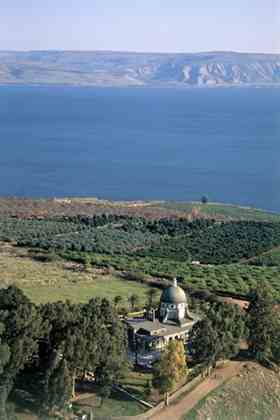 The Mount of Beatitudes, site of the Sermon on the Mount, overlooks the Sea of Galilee  