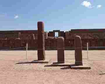 Tiwanaku - View from the Semi-Subterranean Temple toward the entrance to the Kalasasaya Temple. 