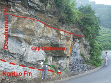 Outcrop of cap carbonate at Doushantuo Formation at Jiulongwan. Credit: International Geobiology Conference 