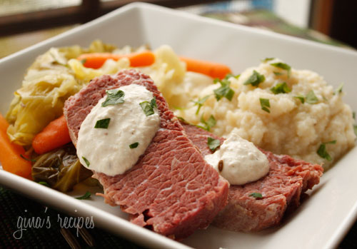 What's St. Patrick's Day without Corned Beef and Cabbage! A simple way to prepare this classic Irish dish. Top it with horseradish cream or mustard and serve it with a side of creamy cauliflower puree as a low carb alternative to potatoes.