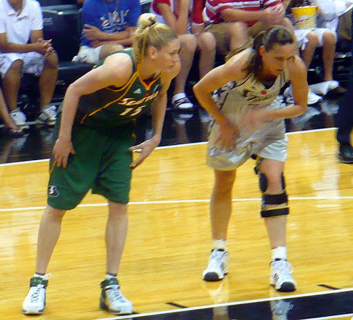 May, 28, 2008, Seattle at San Antonio. Lauren Jackson and Erin Buescher. San Antonio handed Seattle its first loss that season 87-72 for their sixth straight win over the Storm.