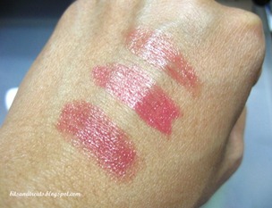 lip ice colored lip balm swatches in candy apple, sweet rose and pretty pink, by bitsandtreats