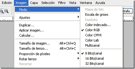 Menú modo de color de PhotoShop Menú modo de color de PhotoShop