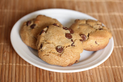three chocolate chip cookies on a plate