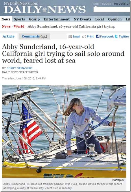 Abby Sunderland Lost In Sea NY Daily News Report