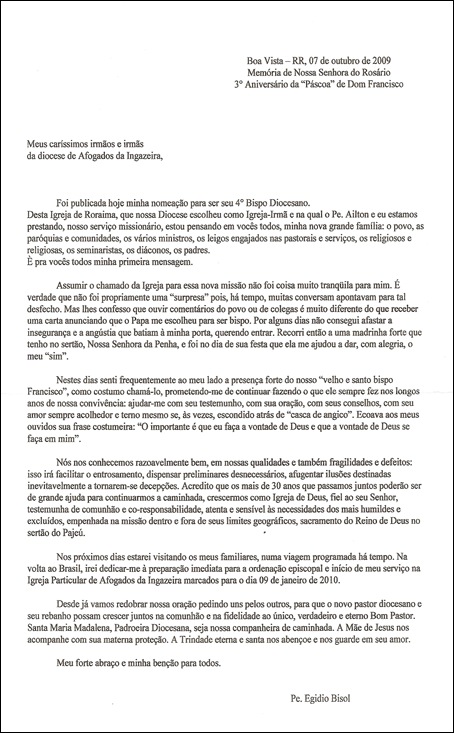 Carta do Bispo Eleito, Dom Egidio