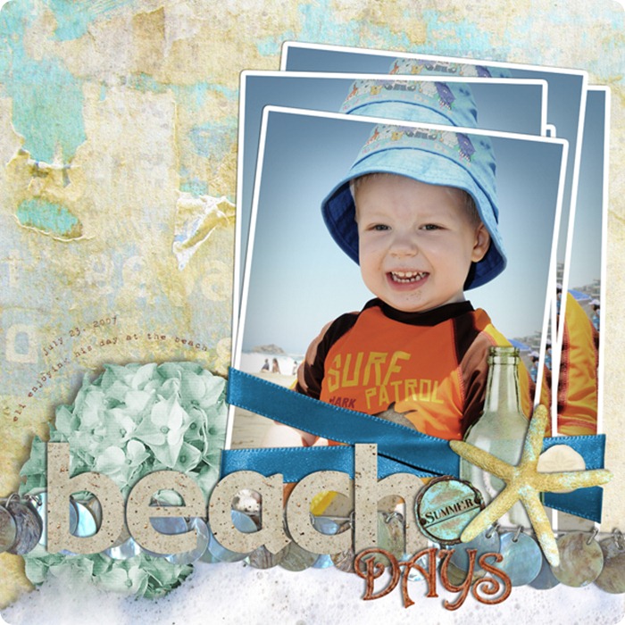 Layout by Laurel Lakey uses Seascape Collection Biggie, ScrapSimple Tools - Actions: Stacked 6501, ScrapSimple Tools - Styles: Sand 6501, ScrapSimple Embellishment Templates: Sweet Flowers, and By the Sea Collection Mini.
