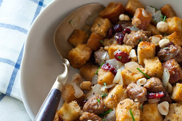 Sausage and Sage Stuffing with Dried Cranberries and Toasted Hazelnuts