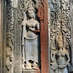 A clear look at the height difference between traditional pleated skirt style Devata (center) and Angkor Wat style (left and right), at Thommanon , Siem Reap, Cambodia. http://www.Devata.org