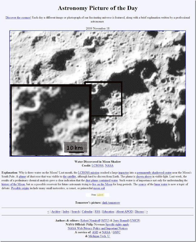 APOD Next NASA Astronomy Picture of the Day Next APOD 2009 November 18 Water Discovered in