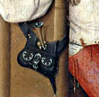 Extracción de la piedra de la locura (El Bosco 1475-1480) detalle de la bolsa del dinero atravesada por un puñal