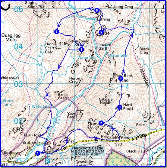 Saturday's route - 15km, 850 metres ascent, 6.25 hours, 7 Birketts (marked 2-8)