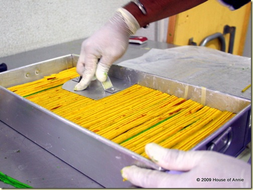 pressing down last layer of yellow strips to make the sarawak layer cake level - copyright house of annie