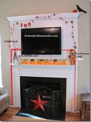 tv cords hidden in fireplace with text