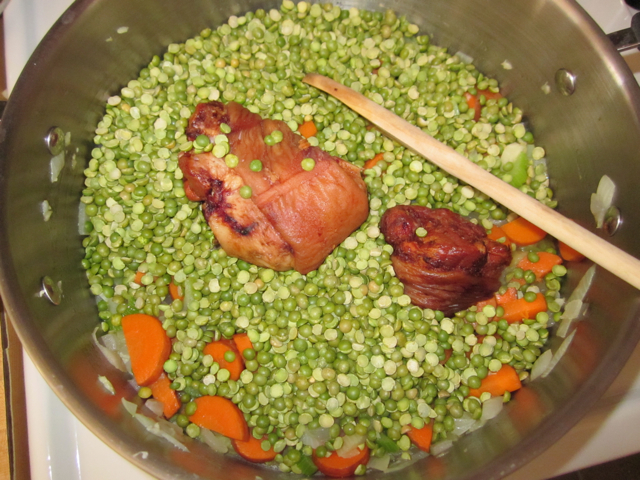 dry split peas added to the soup pot