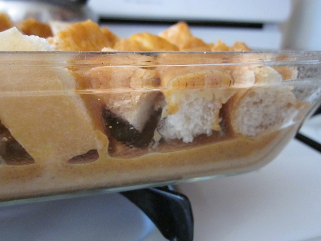close up of pooled custard in balking pan 