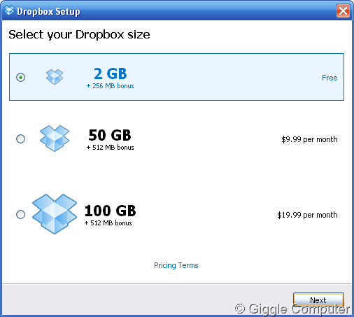 Select your Dropbox size
