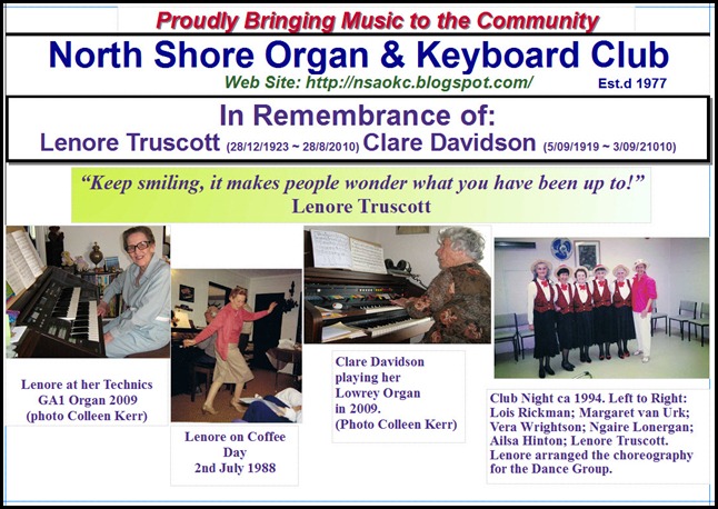 In remembrance of long-time members, Lenore Truscott and Clare Davidson, who passed-away in the last two weeks. This slide was shown at the beginning of the evening on the big screen as well as a minutes silence being held.