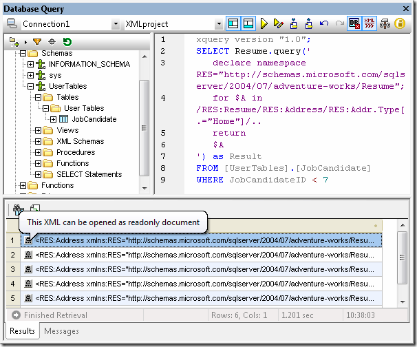 XQuery statement and results inthe XMLSpy Database Query window