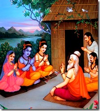 Sita, Rama, and Lakshmana meeting with a sage in the forest