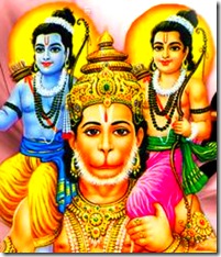 Hanuman holding Lakshmana and Rama