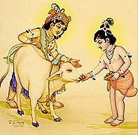 Krishna and Balarama tending to a cow
