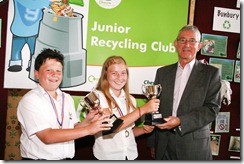 Junior Recycling Officer of the year event at Tatton Hall - l-r  Zach Homer and  Kayleigh Beecroft both aged 11 of Vine Tree Primary School, Crewe are presented with the Cheshire East Council Junior Recycling Officer of the year by Cllr. Rod Menlove