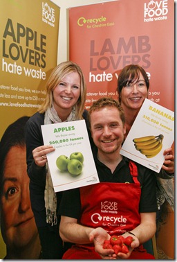 Love Food Hate Waste at the Cookery in Schools Conference at Crewe Alexandra FC  - Back l-r Aideen Smith and Lyn Cowley of Underwood West Primary school, Crewe  with Ralph Kemp Waste Strategy Manager with CEC