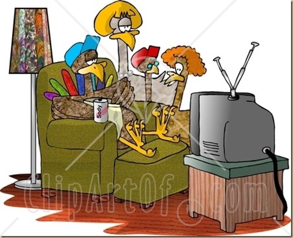 5597-Funny-Turkey-Family-Standing-And-Sitting-Around-Watching-TV-Clipart-Illustration