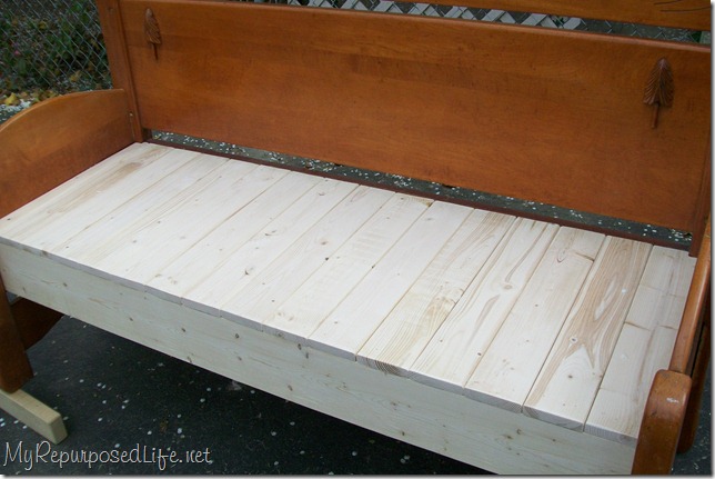 plank seat on headboard bench