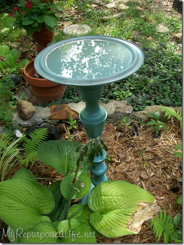 blue green DIY candlestick birdbath