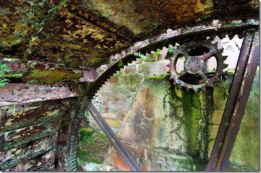 interior detail of derelict waterwheel at disused watermill