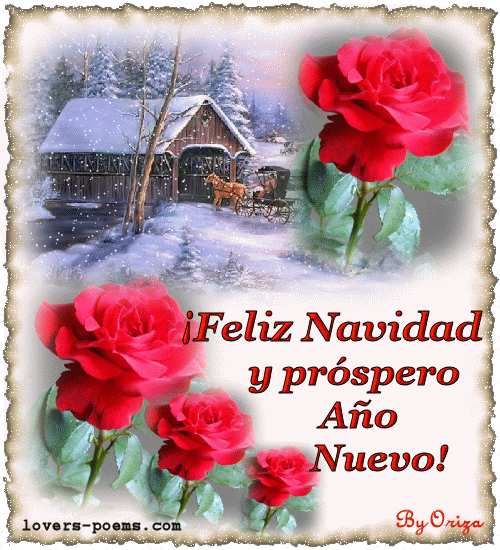 Feliz Navidad, casa nevada y rosas gif animado