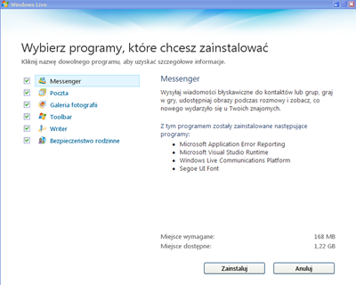 Wybór programów z pakietów Windows Live