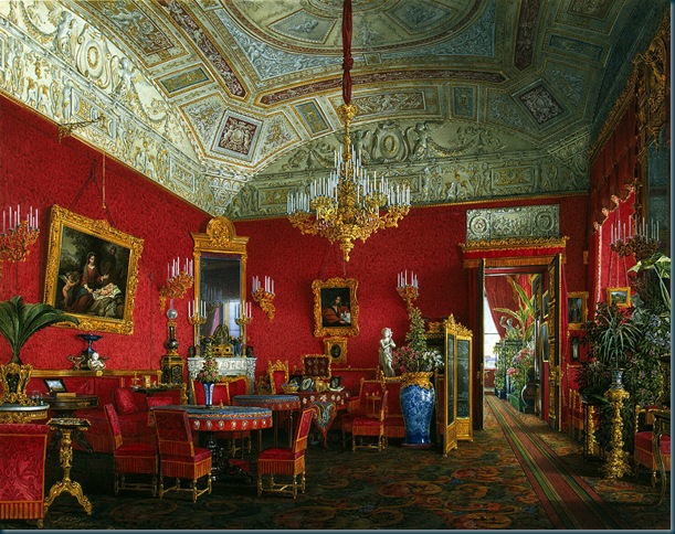 Los interiores del Palacio de Invierno. Amplio salón-comedor de la emperatriz Alexandra Feodorovna