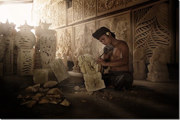Balinese Stone Carver At Work