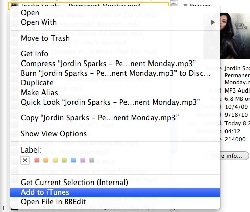 Add to iTunes context menu option in Finder when right clicking MP3 file(s)