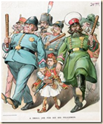 La caricatura prende in giro le grandi potenze (i poliziotti) e il giovane stato greco (il bambino vestito con la fustanella albanese)
